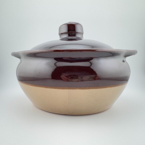 Vintage Monmouth Pottery Ceramic Bean Crock Brown Cream with Lid Maple Leaf Mark - Picture 1 of 8